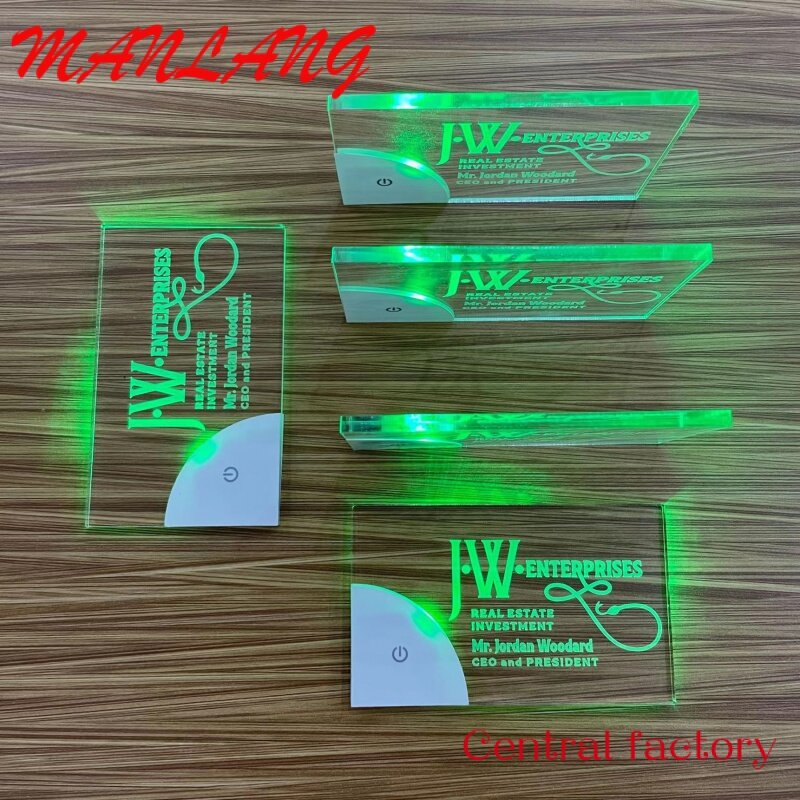 Cartão de visita acrílico personalizado com LED Light Up, cartão em branco, gravação a laser
