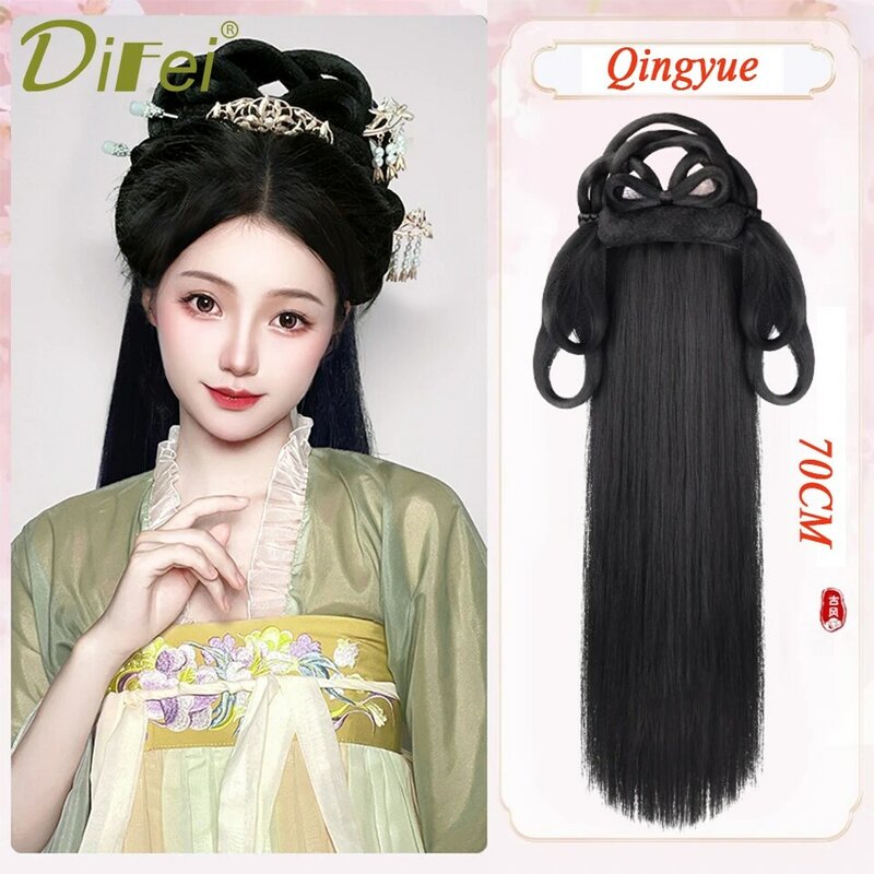 중국 합성 Hanfu 코스튬 가발, 번과 긴 머리, 시뇽 하프 헤드 머리띠 가발