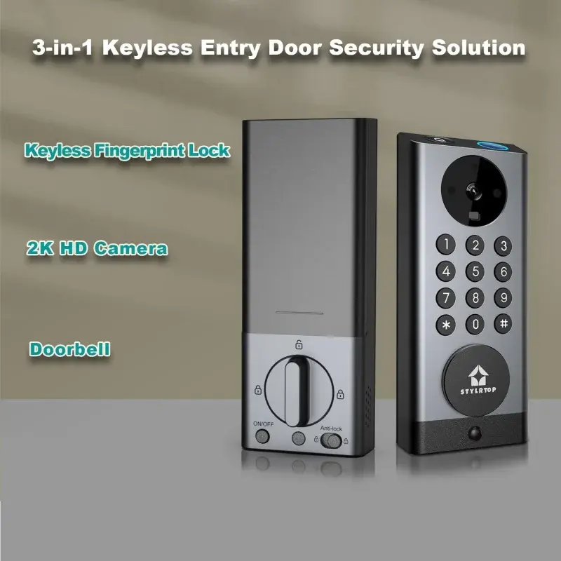 Fingerprint Keyless Entry Smart Lock, campainha da câmera, built-in Wi-Fi, Suporte Alexa App Controle Remoto, Two-Way In, 3-in-1