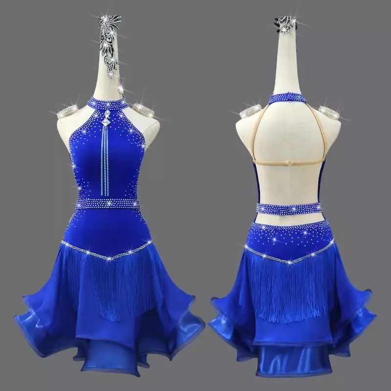 2024 niebieskich kostiumów konkursowych latynoska spódnica tańca latynoskiego, wykonujących sukienkę, spódnica do ćwiczeń dostosować dorosłe dzieci