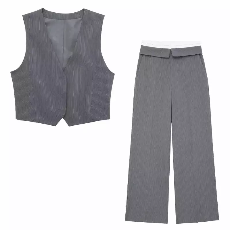 Women 2024 New Fashion Slim Cropped V Neck Striped suit Vest Vintage Sleeveless Button-up Female Waistcoat Chic Tops
