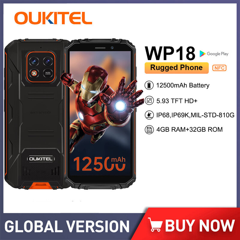 Oukitel-WP18 Quad Core Rugged Smartphone, Celular, Bateria 12500mAh, 4G RAM, 32G ROM, 5.93 Polegada, Android 11, 13MP