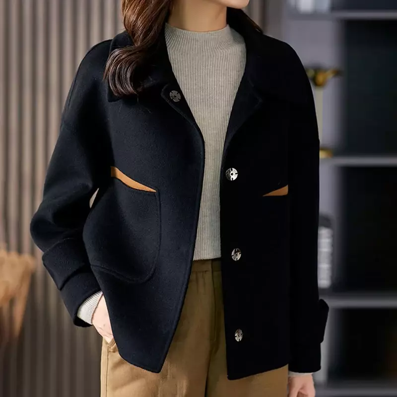 Mantel wol kasmir dua sisi wanita, mantel wol mode kelas atas Korea musim gugur/musim dingin baru 2023