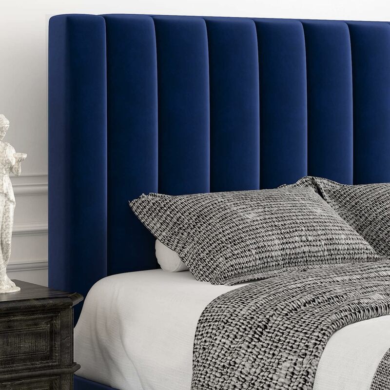 Queen platform bed frame Velvet upholstered bed frame with vertical passage pile headboard box spring optional navy blue