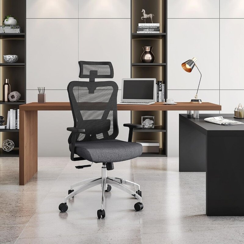 Czarny prawdziwie ergonomiczny krzesło biurowe siatkowe z zagłówkiem i stabilizator lędźwiowy