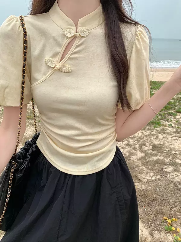 Camiseta chinesa de cintura fina feminina, monocromática, blusa feminina simples, básica, nova, doce senhora, verão