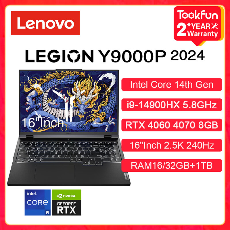 Lenovo-Ordinateur portable de jeu LEGION Y9000P 2024 Intel i9-14900HX NVIDIA RTX 4060 4070 8 Go 16 pouces 2.5K 240Hz Ultrabook Gamer PC