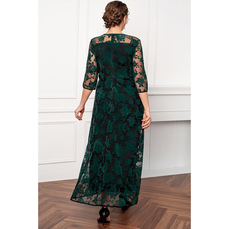 Размера плюс платье для матери невесты с зелеными розами, Двухслойное длинное платье-туника из Флокированной сетки