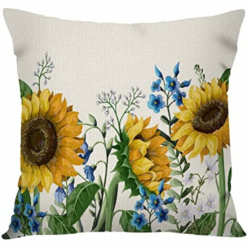 Sunflowers Throw Pillow Cover Watercolor Yellow Sunflowers Blue Flowers Summer Decorative Pillow Case Home Decor Square Cushion