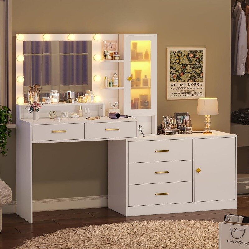 Trucco Vanity con luci Vanity Desk con specchio, grande tavolo da trucco con cassettiera, stazione di ricarica e armadi RGB