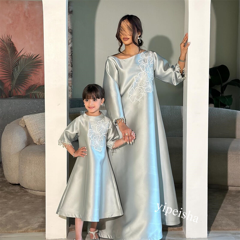 Jiayigong-Satin Pérola e Borla Vestido de Noivado, A-Line, O-Neck, Ocasião sob medida, Arábia Saudita Vestidos Midi