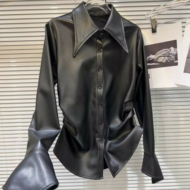 Autumn and Winter Sexy V-neck PU Leather Women Shirts And Blouses Elegant Office Ladies Shirt Tops Long Sleeve Fold Blouses 2023
