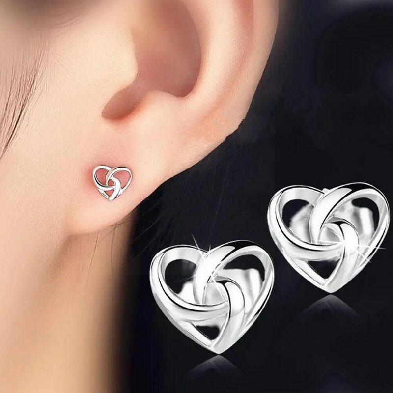 1Pair Hollow Love Heart Shape Stud Simple Sweet Earrings Women For S925 Sterling Silver Prevent Allergy For Lady Jewelry Gift