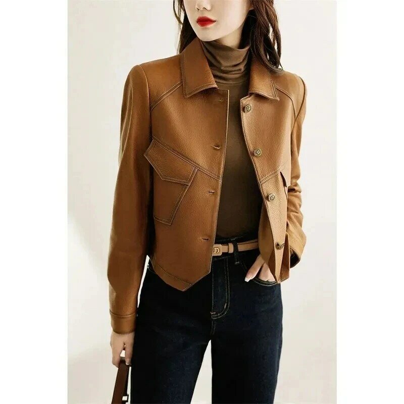 2023 High-End Brown Women PU Leather Outwear Button Outfit primavera autunno Women Fashion Short Thin Female Leather Jacket