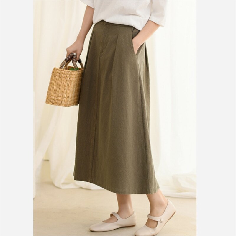 Cotton Linen Spring New Half-body Skirt Women Solid Color Peplum Skirt High Waist Skinny a-line Skirt Retro Chinese Style