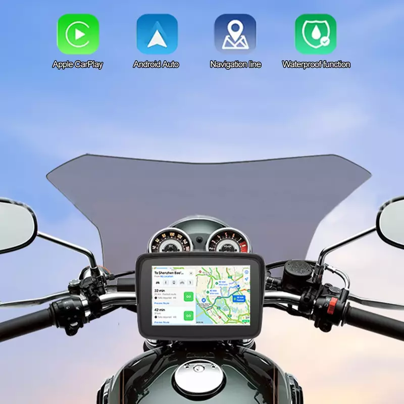 Monitor sepeda motor portabel, layar LCD sepeda motor portabel 5 inci IPX7 tahan air untuk Apple Carplay nirkabel Android Auto Moto layar bermain GPS