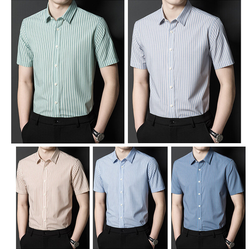 Chemise à manches courtes rayée décontractée d'affaires pour hommes, chemise d'été légère de col des hommes de haut vintage vert. M-3XL