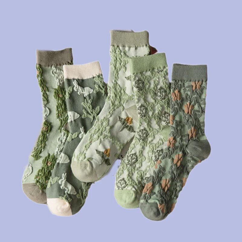Chaussettes mi-tube rétro vertes pour femmes, chaussettes de personnalité, chaussettes artistiques japonaises, Harajuku, Mori, automne et hiver, 5/10 paires