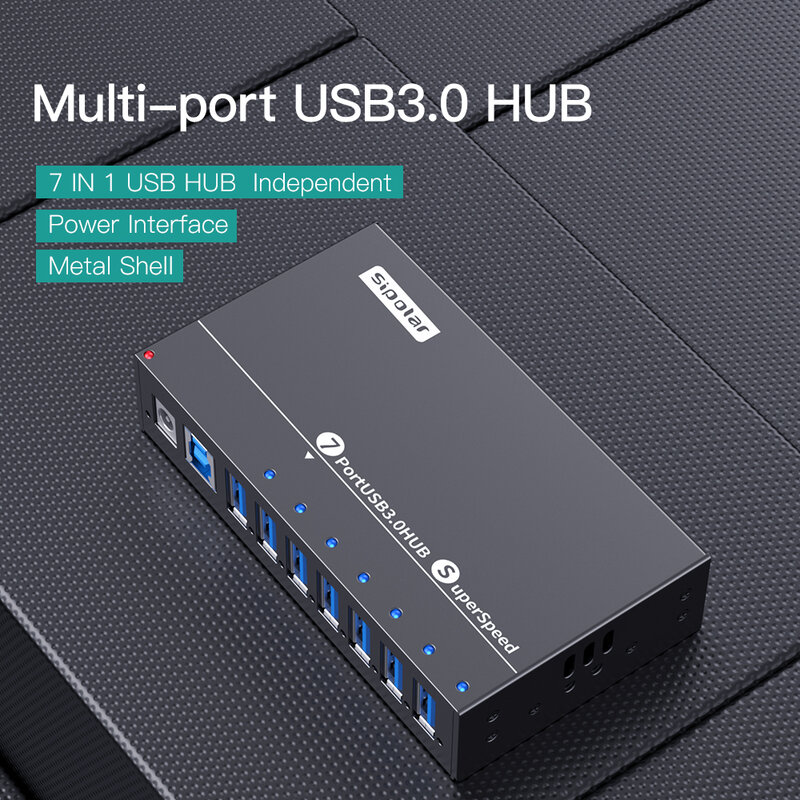Sipolar A-173 Industrial USB 3.0 Charging Hub 7 Ports 12V USB Charger HUB Aluminum With 12V 3A Power Adapter LED Indicator