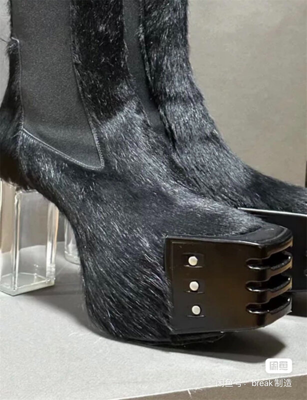 Black& Street Crystal Gradient High Heel Sole Platform Kiss Fur Boots Exclusive Customized Handmade Square Head Chelsea Boot
