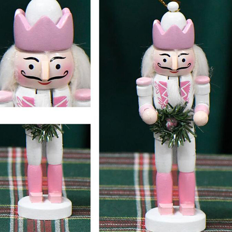 1Pc 13CM White&Pink Wooden Nutcracker Puppet Soldier Pendant Vintage Crafts Ornament Christmas New Year Home Decoration