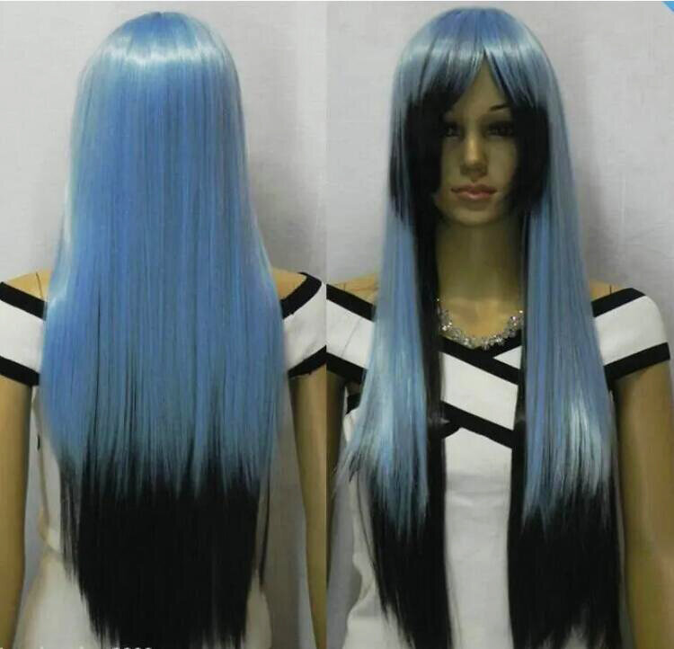 free shipping New wig Cosplay Light Blue + Black Mixed Straight Long Wig