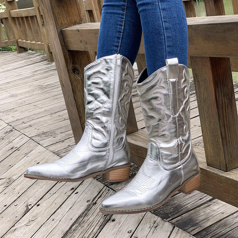 Bottes de cowboy mi-mollet à talon épais pour femmes, Parker Pionted, bottes longues, chaussures d'équitation pour femmes, mode pour dames, hiver, nouveau