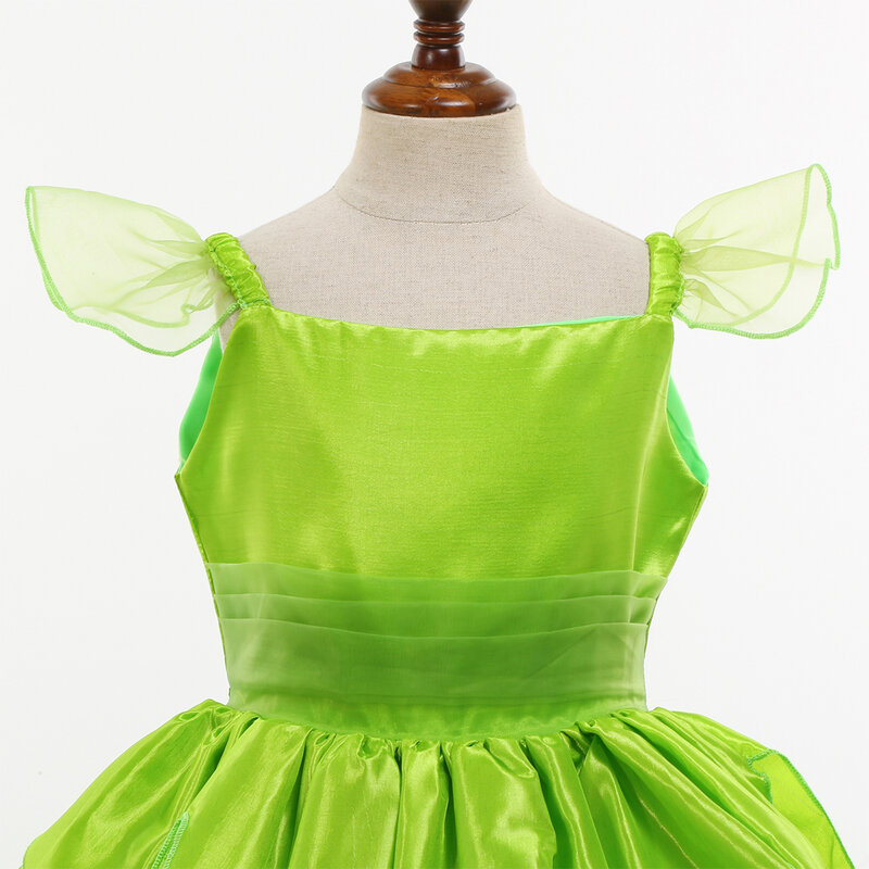 おとぎ話の女の子のためのベルドレス,プリンセスコスチューム,緑の花,翼のある生地,かつら,ベル,カーニバルパーティーの服,子供のためのコスプレ