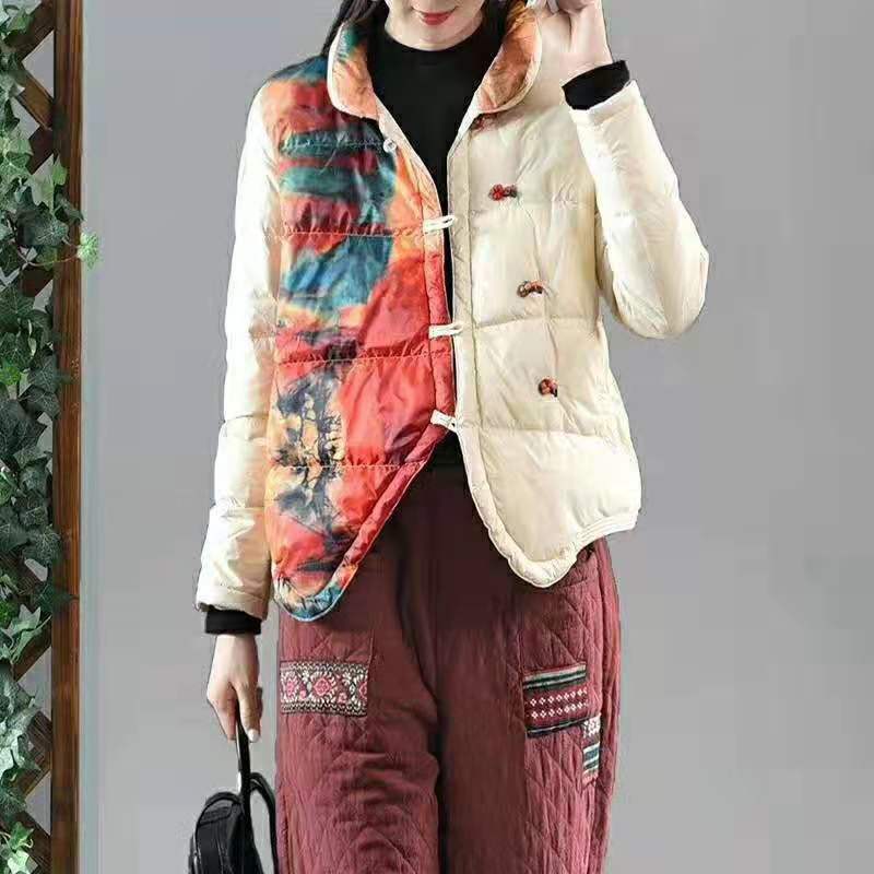 Jaqueta retrô feminina estampada com fivela estilo chinês, roupas femininas, casaco branco fino e claro de pato, parkas curtos para senhora, outono e inverno