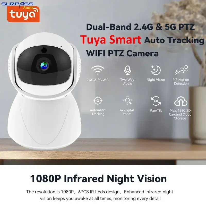 TUYA-Caméra PTZ intelligente sans fil, suivi automatique, audio bidirectionnel, micro haut-parleur intégré, détection de mouvement, bande touristique, WiFi, 2.4G, 5G