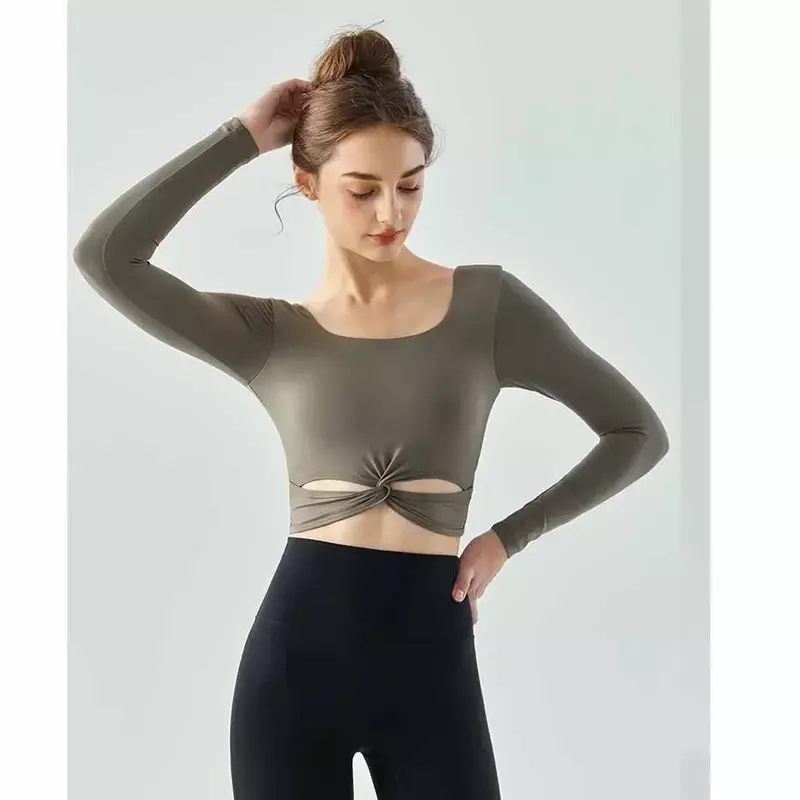 U-shaped Open-back Fitness Shirt in Autumn and Winter Yoga Clothes Semi-fixed Drip Cup Breathable Quick-drying Sports T-shirt