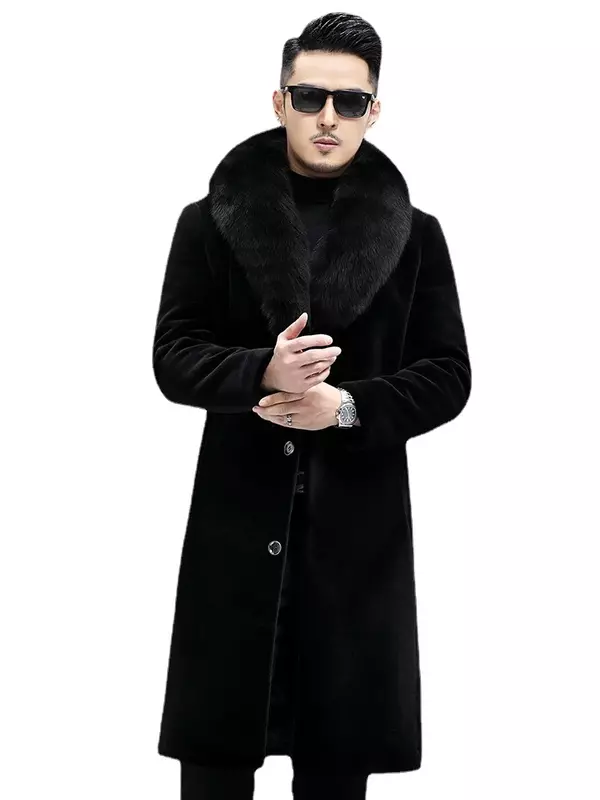 Jaqueta de pele de ovelha de inverno masculina, gola de pele de raposa, joelho longo, casacos de lã real, roupas de alta qualidade, 2023