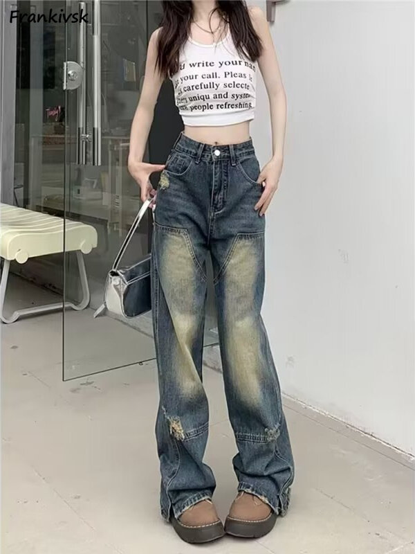 Jeans Women Vintage American Style High Waist All-match Chic Loose Denim Trousers Streetwear Spliced Summer Popular College New