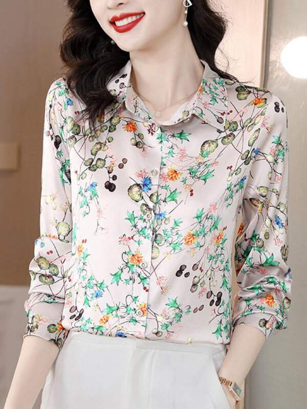 Blusas de seda estampa feminina, senhora do escritório, elegante jovem, tops vintage, roupa feminina, moda, 2023