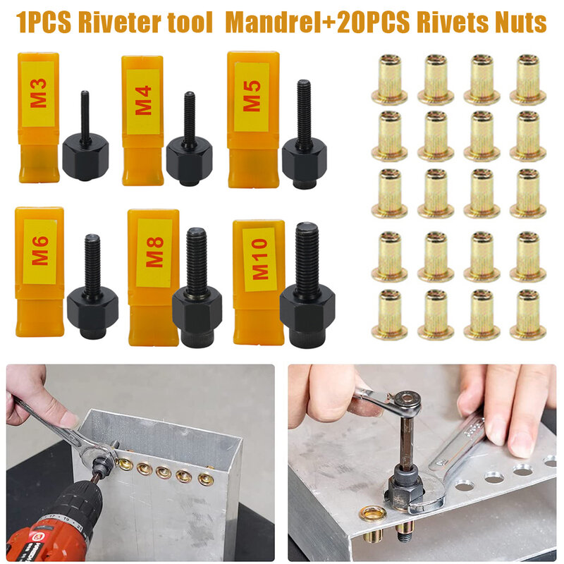 21pcs Aluminum Nut Set Hand  Riveter Nut Rivet Tip Mandrel Head Instead Replacement Home Decoration Project Part M3 To M10