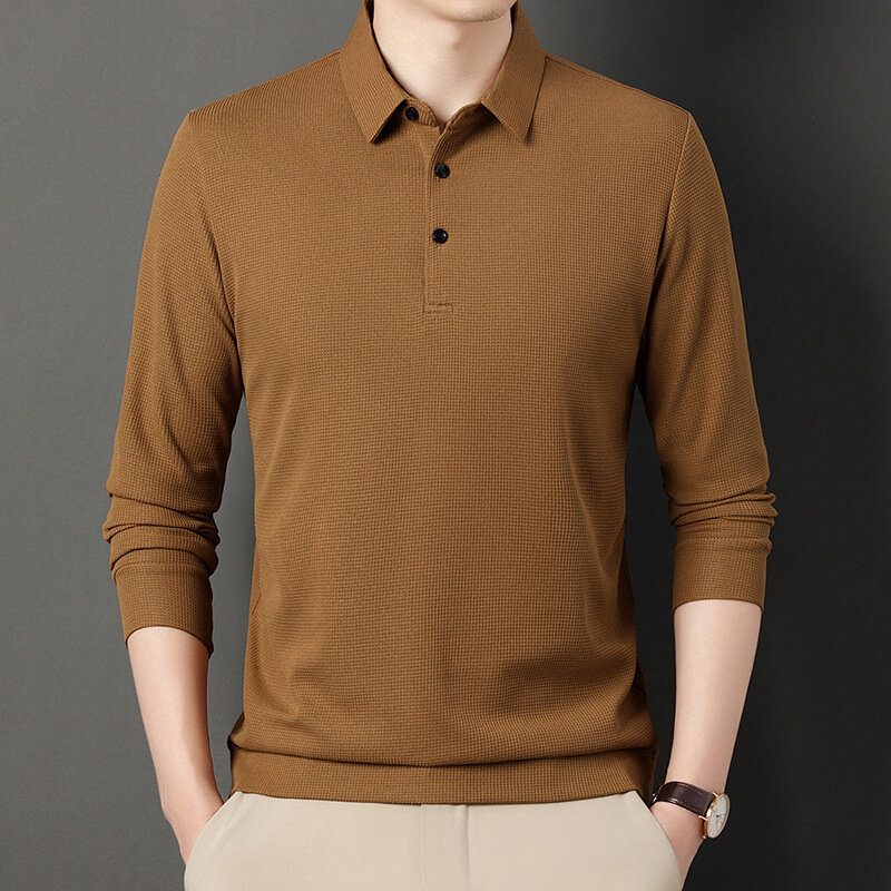 Мужская трикотажная рубашка-поло, черная или белая Повседневная футболка-поло с длинными рукавами, в рубчик, с вышивкой, 8 цветов, на все сезоны