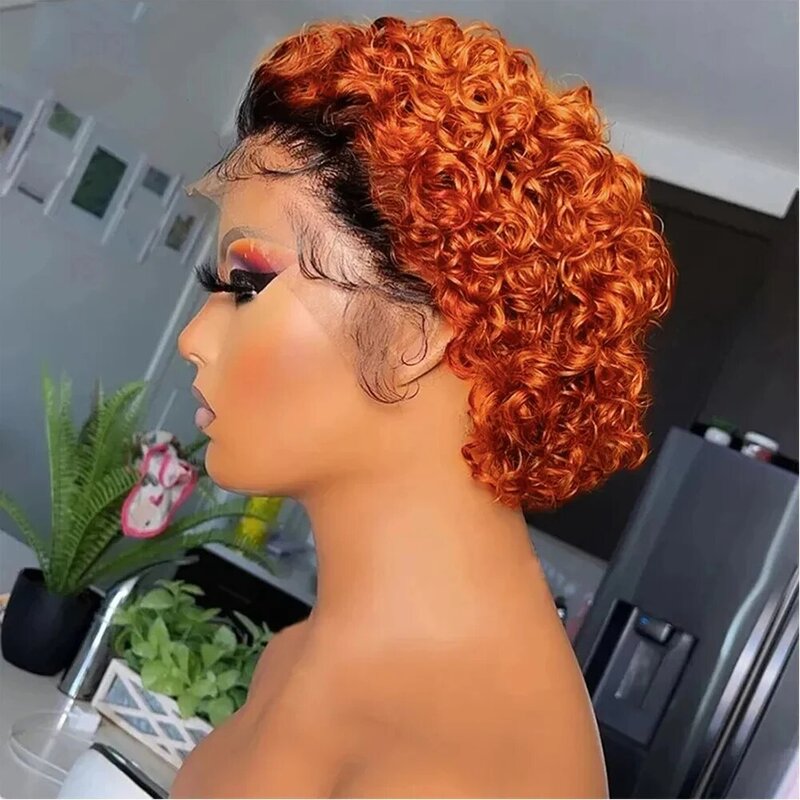 Brown Ombre Pixie Cut Wig Short Bob Curly Human Hair Wigs perruque bresillienne 99J Burgundy1B/Ginger Orange Water Deep Wave Wig