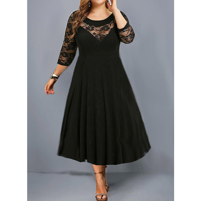 2022 Personality Street Lace Splicing 3/4 Sleeve Autumn New Crew Neck Black Plus Size Pullover Big Hem Long Dress for Women 6XL
