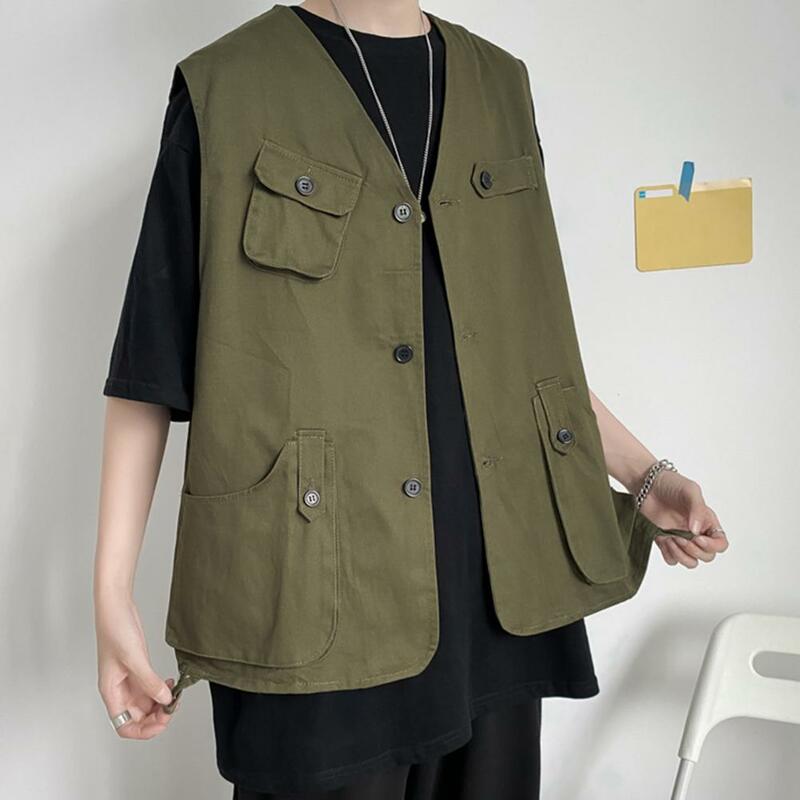 Thin Style Vest Coat Men's Collarless Sleeveless Cargo Waistcoat with Multi Pockets Solid Color Outdoor Vest Coat for Casual