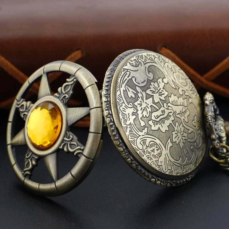 Exquisito reloj de bolsillo de cuarzo con gema naranja en relieve de estrella, colgante Vintage, collar, pulsera, regalo para hombres y mujeres