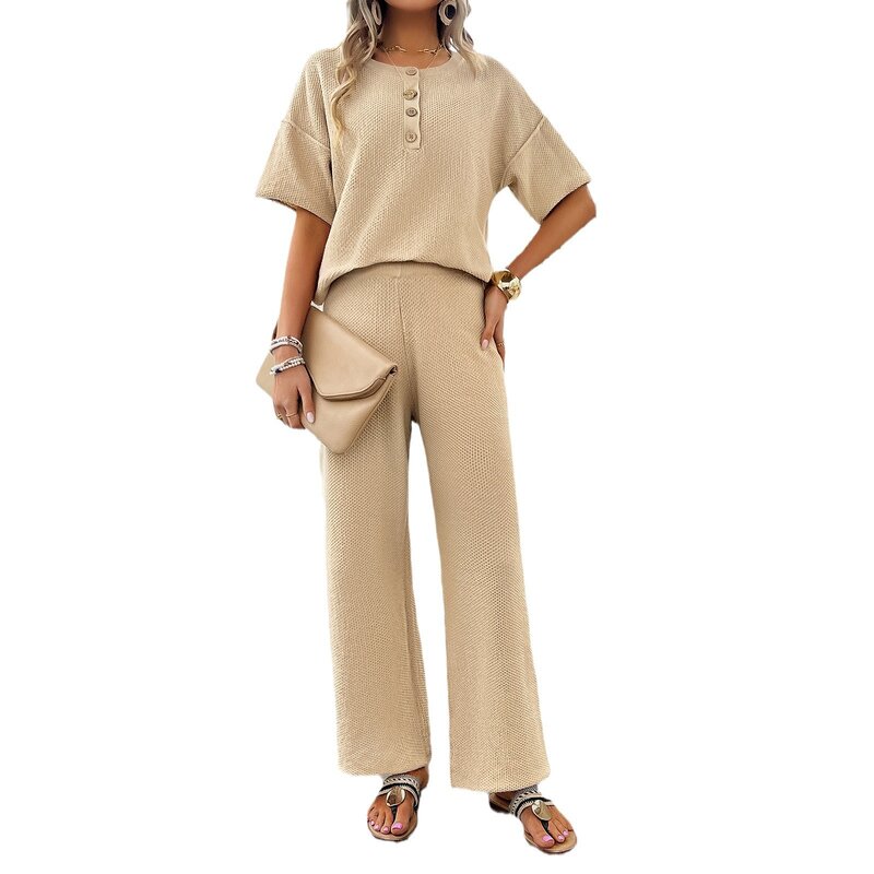Women's 2024 Spring and Summer Fashionable Casual Solid Color Knitted Short-Sleeved Pants Suit Ensemble Femme 2 Pièces