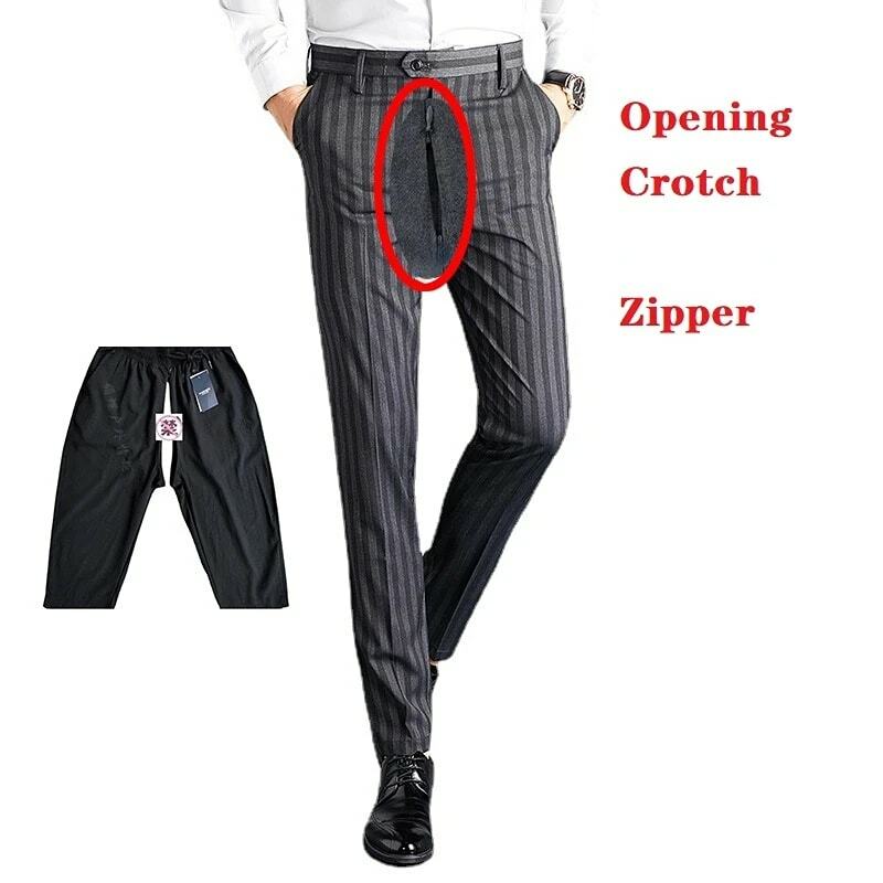 Summer Office Sex Crotch Opening No Take Off Convenient Grey Casual Pants Slim Fit  Business Men's Pants Men's Striped