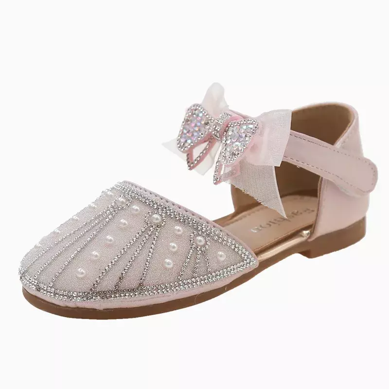 Sandalias planas de princesa para niñas, zapatos con lazo y perlas, para fiesta de boda, Verano