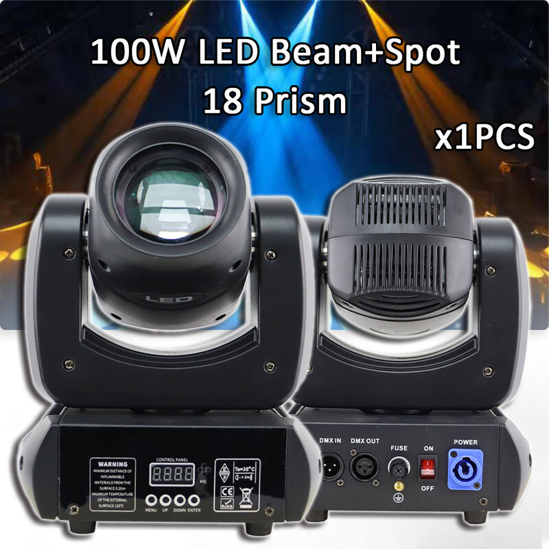 Beam Gobo 18 Prism LED Spotlight, Iluminação Efeito de Palco, DJ Disco, Moving Head Lights, 1Pc, 100W