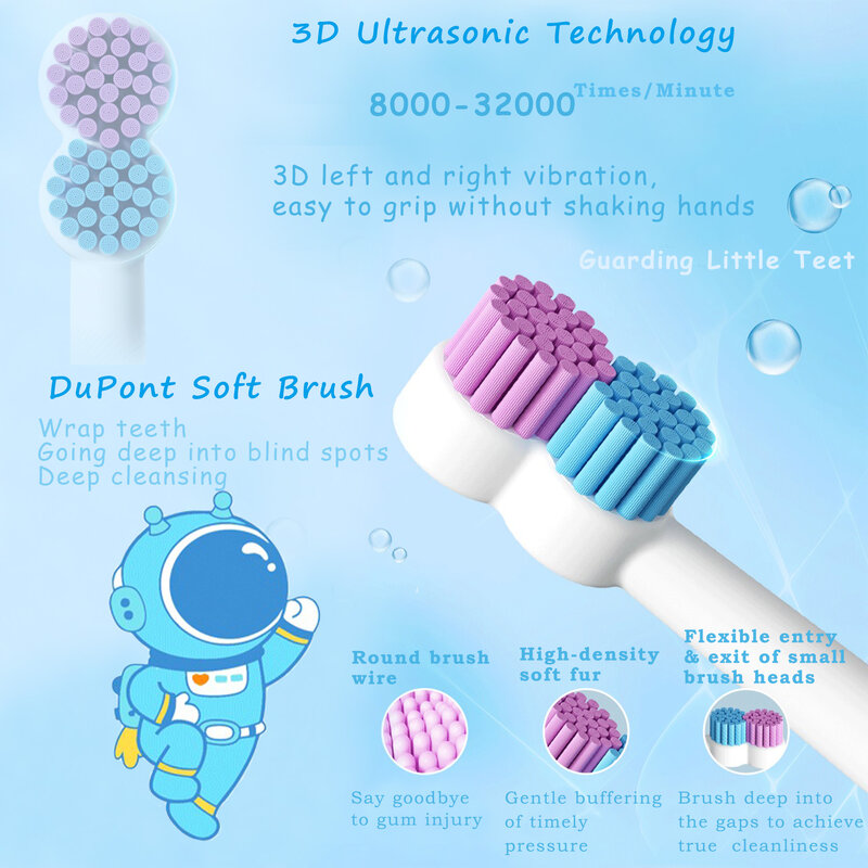 Cepillo de dientes eléctrico para niños, cabezal de silicona suave de grado alimenticio, diseño de limpieza bucal de 360 °, adecuado para niños de 2 a 15 años