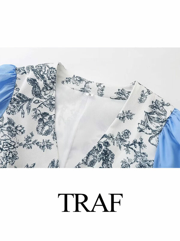 TRAF-Camisa de manga larga con cuello en V para mujer, camisa elegante con estampado Retro, Tops de calle de un solo pecho, verano 2024