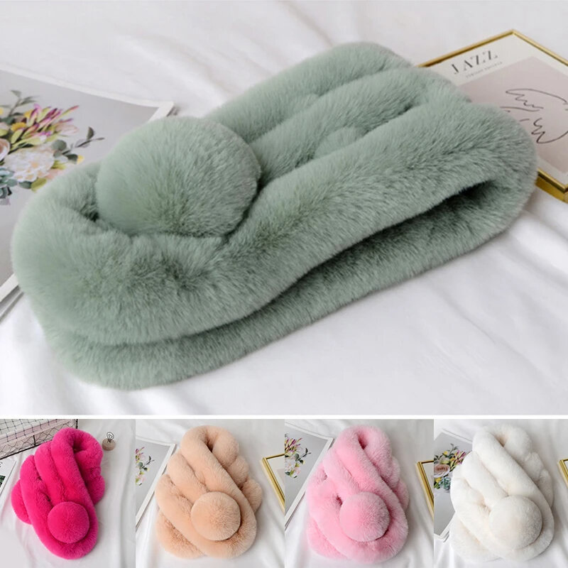 Autumn Winter Fur Rabbit Scarf Plush Thick Women's Cross Neck Warmer Collar Casual Female Lady Outdoor Furry Scarves