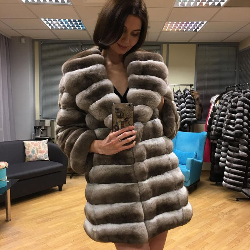 Bontjas Natural Rex Konijnenbont Jasje Vrouwen Mid-Length Chinchilla Color Coat Luxe Best Verkopende