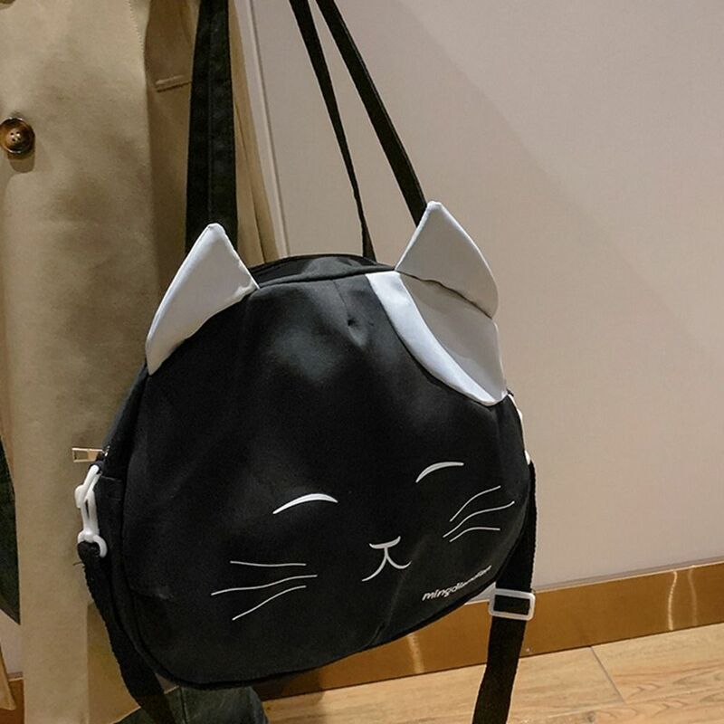 Tas bahu kapasitas besar, tas selempang kanvas nilon cetak kucing, tas bahu kapasitas besar, tas tangan portabel gaya kuliah