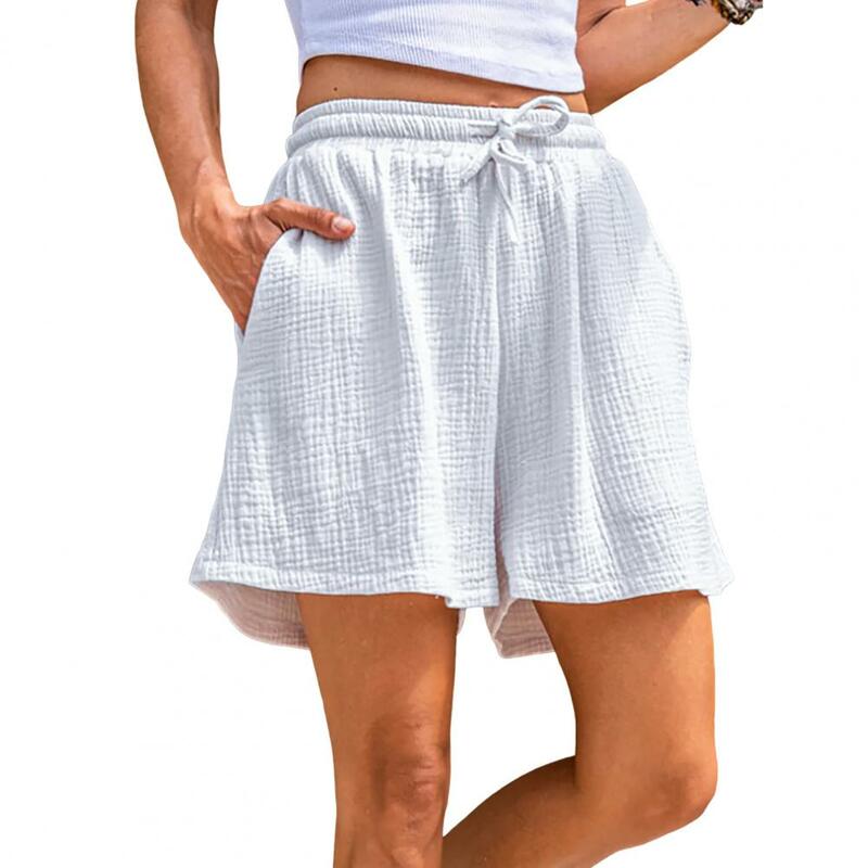 Celana pendek kaki lebar wanita, Bawahan kasual serut dengan saku pinggang elastis musim panas untuk perempuan